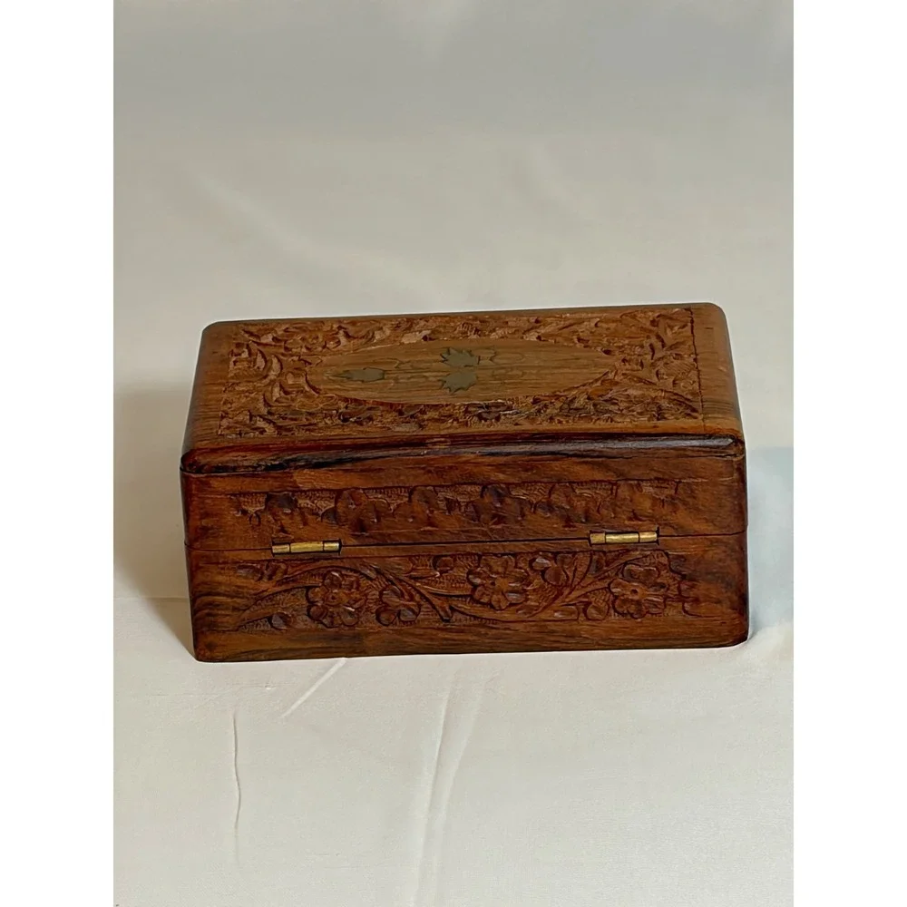 Carved Hinged Wooden Floral Trinket Box, Brown Rectangle Decorative Box
